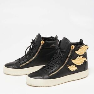 Giuseppe Zanotti Black Gold Wings Leather Lace Up Zip High Top Sneakers Shoes 6